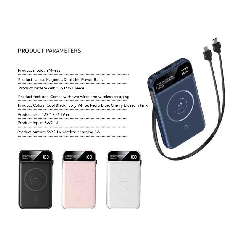 Xiaomi 50000mah Power Bank Magnetic Wireless Magsafe PowerBank Portable Built-in Wire Fast Charging Battery For Samsung iPhone